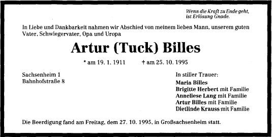 Billes Artur 1911-1995 Todesanzeige